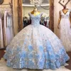 2021 Baby Blue Sweet 16 Quinceanera Klänningar för tjejer 3D blommor Lace Sweetheart Lace-up Boll Gown Prom Dress Vestidos de 15
