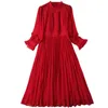 Printemps manches longues col rond mi-mollet robe rouge couleur unie dentelle lambrissé en mousseline de soie plissé élégant robes décontractées 21D262009