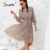 Simplee Zarif Bahar Yaz Çiçek Baskı Midi Elbise Kadın Fırfır Kollu Yay Kanat Pileli Elbise Chic Yüksek Bel Elbiseleri Gevşek 210306
