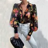 2021 Autumn Puff Sleeve Shirts Blus Dam Blommor/Leopard Långärmade Lapel Buttons Vintage Skjortor Eleganta Blusar Toppar Dam Y211125