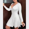 Casual Dresses Spring AuyUnch Dress Women Solid V Neck Pleated Vintage Robe Femme Elegant Långärmad Party Office Midi Plus Storlek