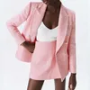 Zestaw damski Pink Tweed podwójnie piersi płaszcz blezer i krótkie krótkie tali