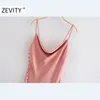 Zevity New Women Sexy V Neck Solid Color Sidoknappar Sling Midi Dress Female Spaghetti Strap Split Club Part Vestido DS4571 210302