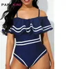 Parakini Plus Size Badpak Sexy Off Shoulder Solid Swimwear Dames Vrouwelijke Badpak Ruffle Monoki 210712