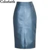 Colorfaith Donne PU in pelle PU Midi Gonna Primavera Autunno Ladies Pacchetto Fronte anteriore o schienale Slit Matita Skirt Plus Size SK8760 210310