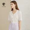 FANSILANEN V neck white lace blouse shirt Women short sleeve vintage floral summer top Female sexy cotton button up 210607