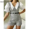 Casual mulher xadrez Tweed Playsuits Primavera Spring Summer Slim Puff Slove Alto Cintura Macacão Elegante Zipper Curto Jumpsuit 210604