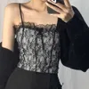 Missnight Black Floral Lace Top Ruffles Sexy Tank s Double Layers Sling Bow Gothic Streetwear Camis Vintage 210607