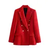 Women's Suits & Blazers Fall Women Red Blazer Coat 2022 Tweed Jacket Notched Neck Double Breasted Slim Suit Office Lady Casual Business Jack