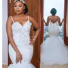 2021 African Plus Size Mermaid Wedding Dresses Bridal Gowns Spaghetti Straps Sexy Open Back Crystal Beading Pearls Lace Handmade Flowers robe de mariee