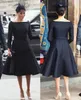 Elegant Meghan Markle Black A Line Mother Of The Bride Dresses Long Sleeves Bow Sashes Bateau Vintage Tea Length Formal Evening Gowns Women Prom Wedding Party Dress