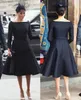 Elegante Meghan Markle Black A Line Moeder van de Bruid Jurken Lange Mouwen Bow Sjacht Bateau Vintage Thee Lengte Formele Avondjurken Dames Prom Bruiloft Party Jurk