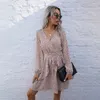 Casual Jurken voor Dames Lange Mouwen Diepe V-hals Floral Ruche Mini Jurk Sexy Losse Sjerpen Beach Party Club Mode Kantoor Robe