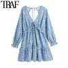 TRAF femmes Chic mode imprimé Animal à volants Mini robe Vintage dos nu nœud attaché côté fermeture éclair femmes robes Vestidos 210623