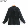 Zevity Donne Fashion Pleated Sleeve Patchwork Black Smock Blusa Camicetta Ufficio Lady Ruffles Chiffon Camicie Chic Blusas Tops LS7687 210603