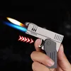 Nouveauté Briquet torche à gaz butane Double feu Déformation Pistolet Jet de feu gratuit Coupe-vent Cigarette Silex Meule Briquet Gadgets