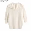 Zevity Women Sweet Black Bow Bundet Ruffles Stickning Tröja Kvinnlig Chic Pearl Beading Puff Sleeve Pullovers Hollow Tops S671 210603