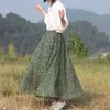 Qooth verão outono mulheres floral impresso uma linha vintage saias casuais midi saia feminina linho de algodão grande hem qt085 210609
