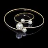 Fashion Simple Simulated Pearl Bridal Sets Crystal Wedding Jewelry Necklace Bangle Set for Women Wedding Party Jewelry Q0719