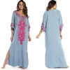 Indie Folk à lacets col en v manches chauve-souris été Robe de plage tunique femmes vêtements de plage caftan Maxi Robe Robe Sarong 210303