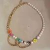 creative Yin Yang charm beads baroque freshwater pearl Gossip yellow orange smilely blue dice necklace stainless steel chain