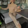 Knitted Suit Women Autumn Winter Long Sleeve Turtleneck Sweater Pant Two Piece Set Casual Fashion trouser suits Green Khaki 211116