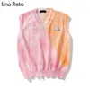 una reta tie dye sweeter vest 남자 스트리트웨어 남자 조끼 v 넥 풀오버 남자 민소매 스웨터 홀 남자 스웨터 210818