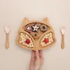 Bamboo Baby Feeding Bowl Spoon Fork Fox Pattern Food Tableware Kids Wooden Training Plate Silicone Suction Cup Removable Baby 210226