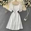 Women White Embroidered Dress Summer Vintage Beading Short Puff Sleeve High Waist Casual Vestidos Ladies Elegant Slim Robe 2021 Y0603