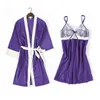 Femmes de nuit violet 2pcs satin femmes robe costume kimono robe sexy sangle chemise de nuit mignon arc robe de nuit avec soutien-gorge à manches longues peignoir