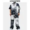 2 Pieces Sets Mens Paisley Tie-dyed Short Sleeve Shirts and Elastic Waist Straight Joggers New Hip Hop Tracksuit Streetwear Sets G1222