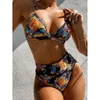 2021 Nowa Wysoka Talia Bikini Kobiety V-Neck Stroje Kąpielowe Push Up Swimsuit Kobiet Patchwork Garnitury Kąpielowe Summer Beach Wear Swimming Suit