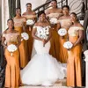 2021 Africano sereia nigeriana laranja laranja vestidos de dama de honra longo fora do ombro aplicado vestido de cetim para festa de casamento