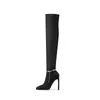 High Heel frauen Knie Stiefel Spitz Silber Kette Dekoration Rose Rot Lila Dünne Heels Schuhe Sexy Femme Lange boot