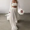 Women Sexy Three Sets Fashion Casual Wrap Solid Tops and Wide Leg Pants Suits Elegant Soft Female 3 Piece Outfits