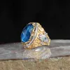 Anello da uomo placcato oro Argento sterling 925 Topazio blu con pietre preziose Gioielli maschili per gioielli da donna 211217