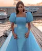 Ljus himmel blå elegant blygsam kväll ha på sig dräning dubai arabiska strapless paljetter backless formell klänning prom klänningar kändis robe de soiree