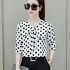 Fliege langarm blusa v collar polka dot blusen hemd lässig neue weiblich elegante frauen tops camisas mujer 66i6 210302