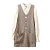 Vielleicht U Damen Khaki Hahnentritt Tank ärmelloses Kleid mit Hemd Umlegekragen 2 Zweiteiler Set Elegant Plaid Button T0152 210529