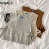 Ezgaga Mulheres Sweater Colete Outono Coreano Argyle Bandagem Pulôver Sem Mangas Sólidas Sólidas Solta Malha Colete Curta Streetwear 210817