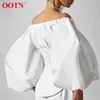 Ootn Sexig Slim Off Shoulder Women Shirt Blouses Lantern Sleeve Tunika Kvinna Top Laindes Shirt Pläterad Elegant Vit Blus Knapp 210721