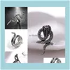 Jewelry Wholesale Snake Band Rings For Men Women Fashion Sier Black Gold Stainless Steel Punk Rock Vintage Animal Open Adjustable Finger Dro