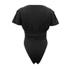 Summer Bodysuits Sexy Deep V-Neck Pleated Waist Tights Fashion Solid Color Black Jumpsuits Women Slim Short Sleeve Rompers 210526