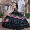 Princess Black Mexican Quinceanera Платья 2021 с короткими рукавами Старинные цветочные вышивальные шариковые платья выпускные платья сладкий 15-летний градация Brithday платье