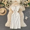 DEAT Women Temperament Open Back Chain Suspender Buttocks Dress Solid Color High Waist Fashion Spring Summer 11B151 210709