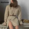Aachoae Fashion 2 Stuk Set Vrouwen Blazer Rok Pak Effen Kleur Bijgesneden Blazer Sets Dames Side Split Mini Rokken Outfits 210730