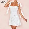 DEAT Summer Women Bez Rękawów Tie Ramię Sexy Floral Mini Dress Arrival Ruched Słodki Druku Mini Sundress ML768 210709