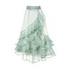 Menthe Green See Thru Mermaid Jupes Femmes Fermeture à glissière Voudres à niveau Moyen-veau Emballage à mi-veau Tulle Maxi jupe été 210309