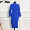 Lange mouwen kantoorjurk Midi lengte potlood rok elegante dames plus size 2XL blauwe vintage vrouwen lente herfst herfst 210527