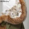 Mode Kvinnor Parkas Real Fur Rabbit Lining Hooded Long Coat Outwear Army Green Large Raccoon Fur Collar Winter Warm Jacket 211108